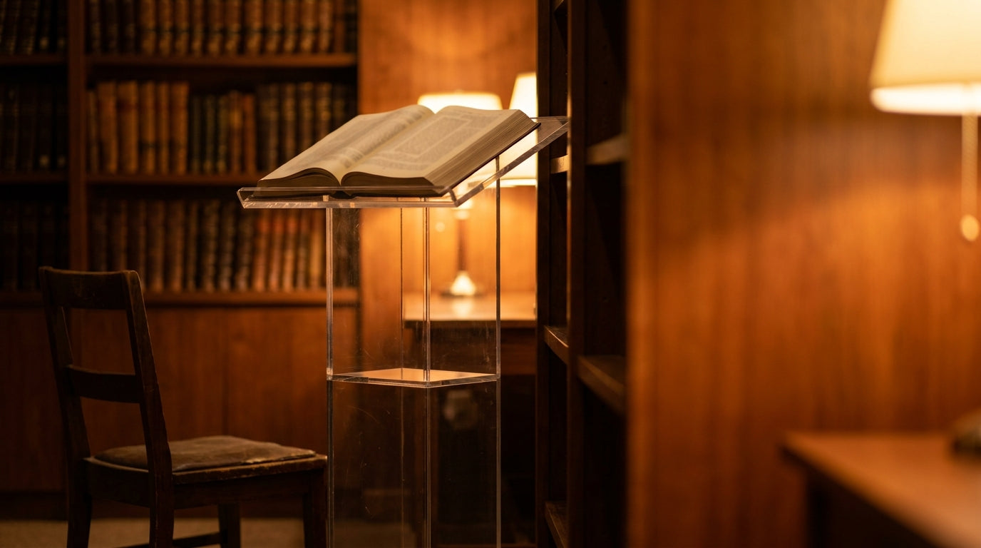 Clear lucite floor-standing shtender at chest height in a warm beis medrash with an open Talmud volume on the sloped top