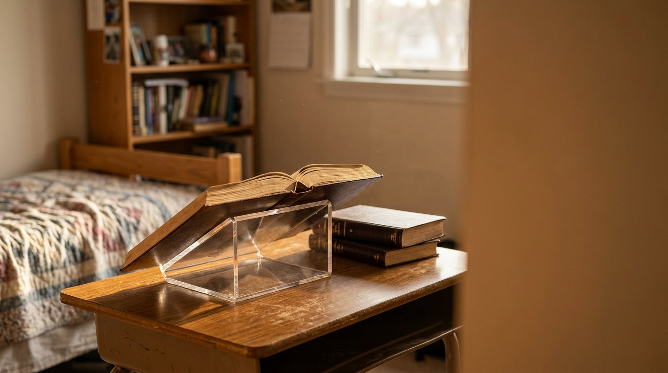 Clear lucite tabletop shtender on a simple wooden student desk in a yeshiva dorm room with stacked seforim