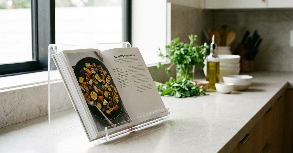 Lucite book holder with cookbook on kitchen counter