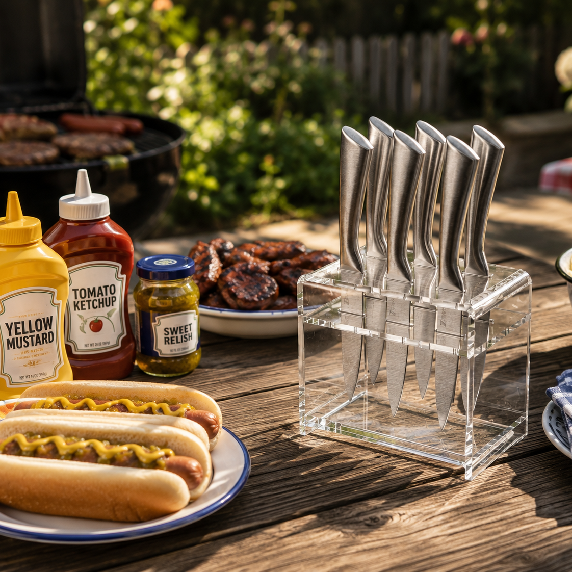 Outdoor setting with hot dogs, condiments, and a knife set on a wooden table - Zstander