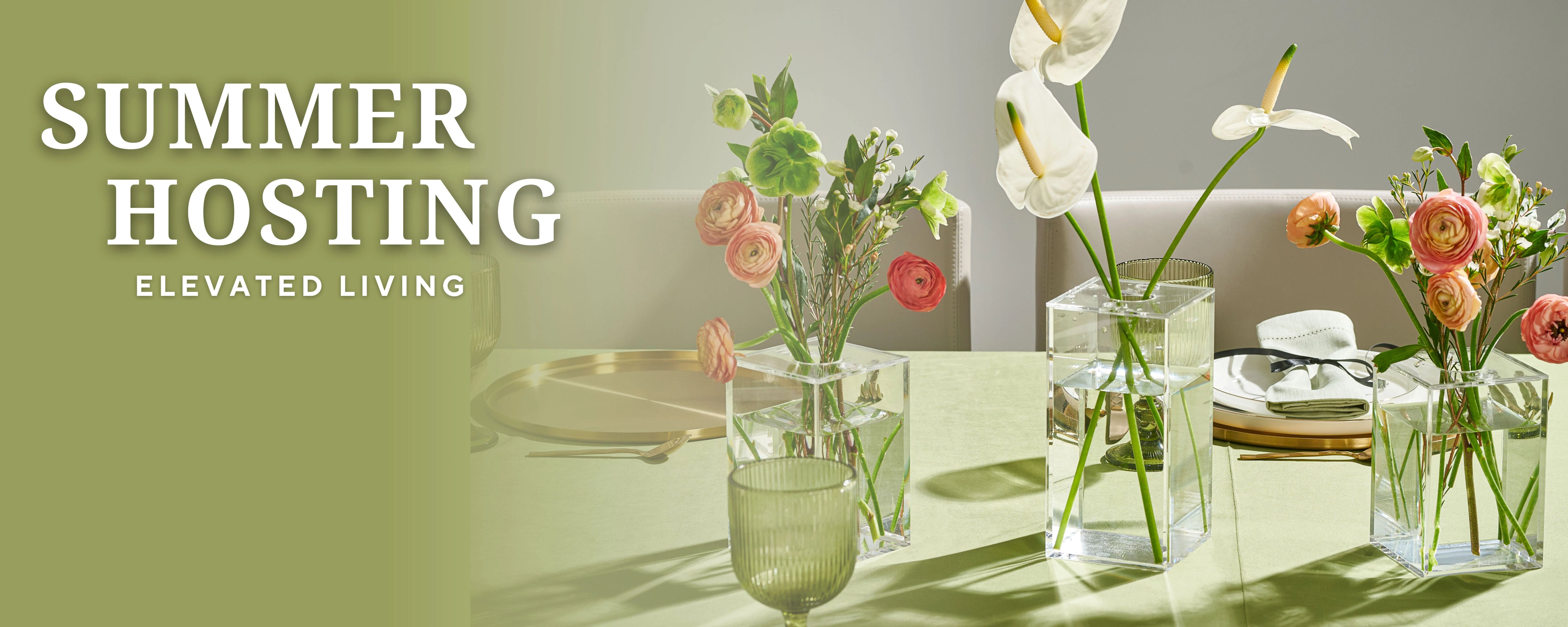 Table setting with flowers and 'Summer Hosting' text on a green background