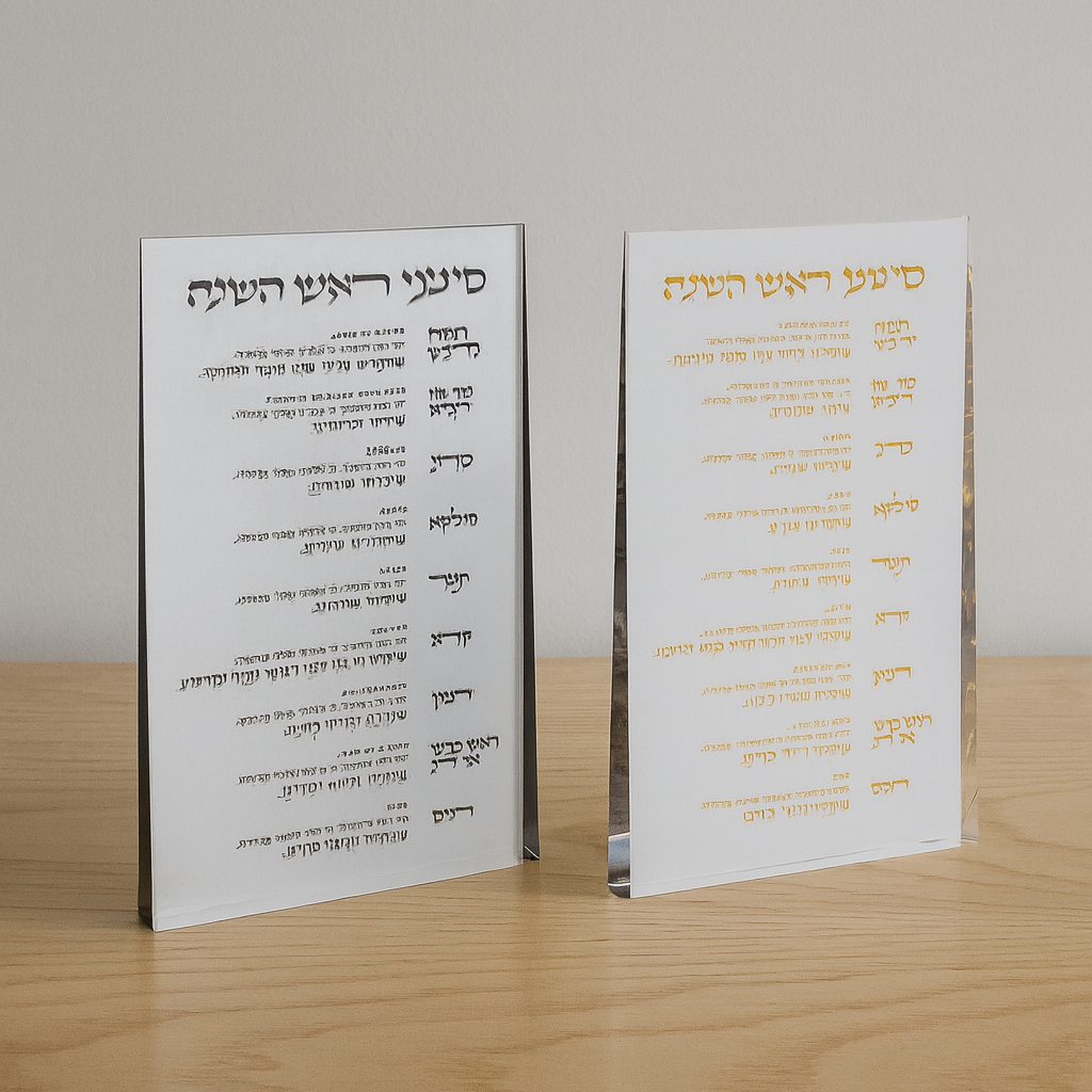 Two rosh hashana simanim plaques with Hebrew text on a wooden surface and light gray background - Zstander