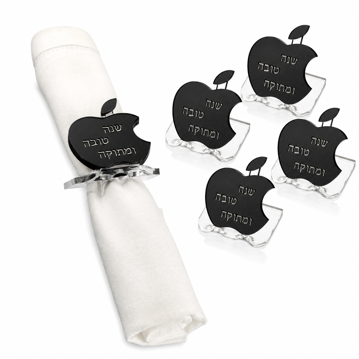 4 black rosh hashana napkin rings and 1 napkin on a white background - Zstander