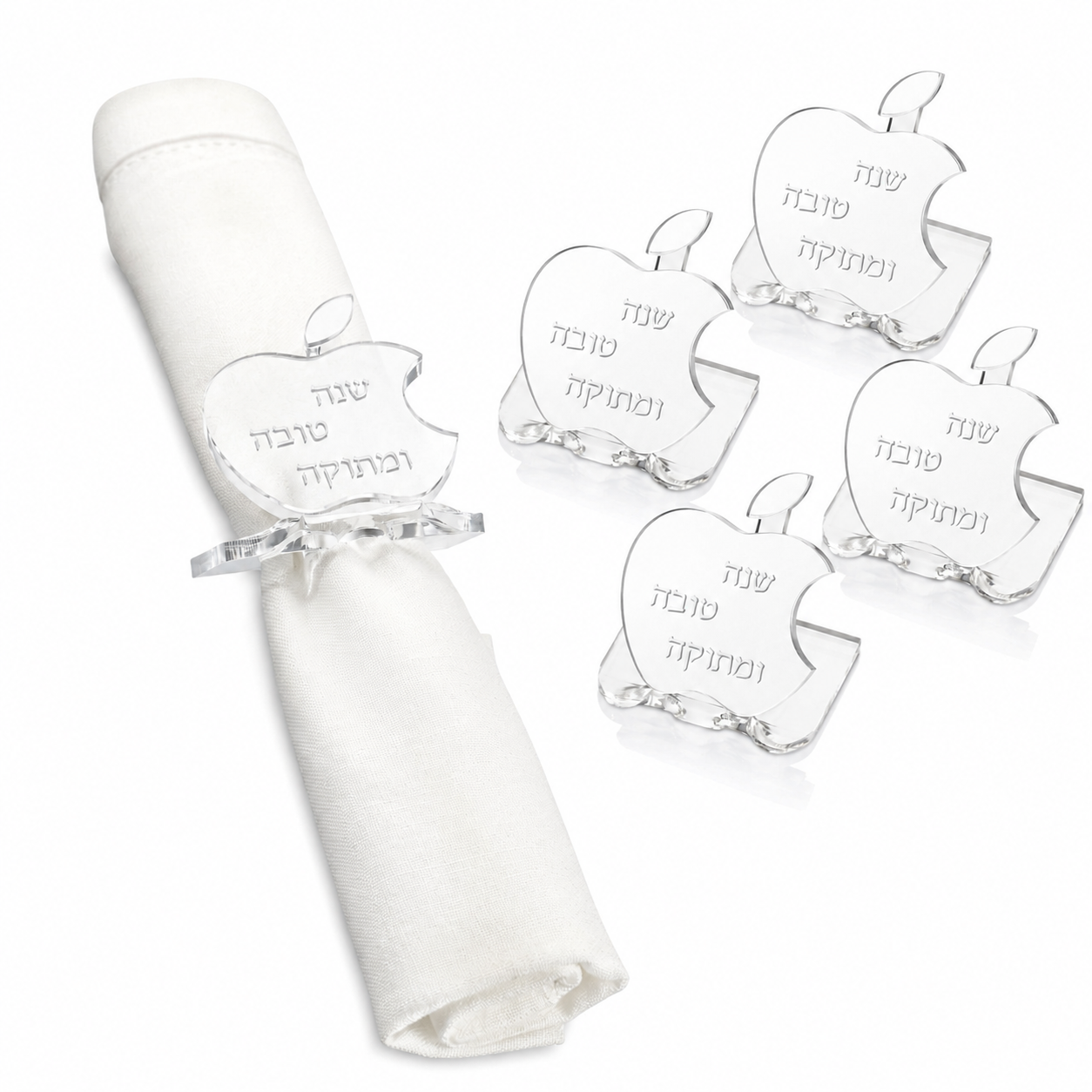 4 clear rosh hashana napkin rings and 1 napkin on a white background - Zstander