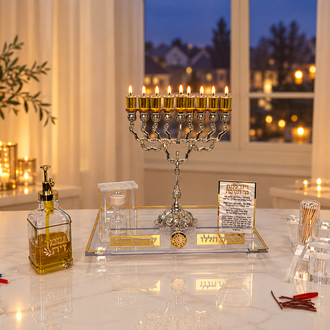 Cozy chanukah display on a winter night.