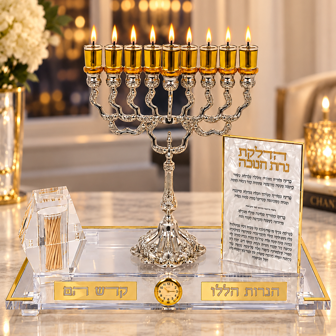 Essential chanukah set on a table with a window in the background