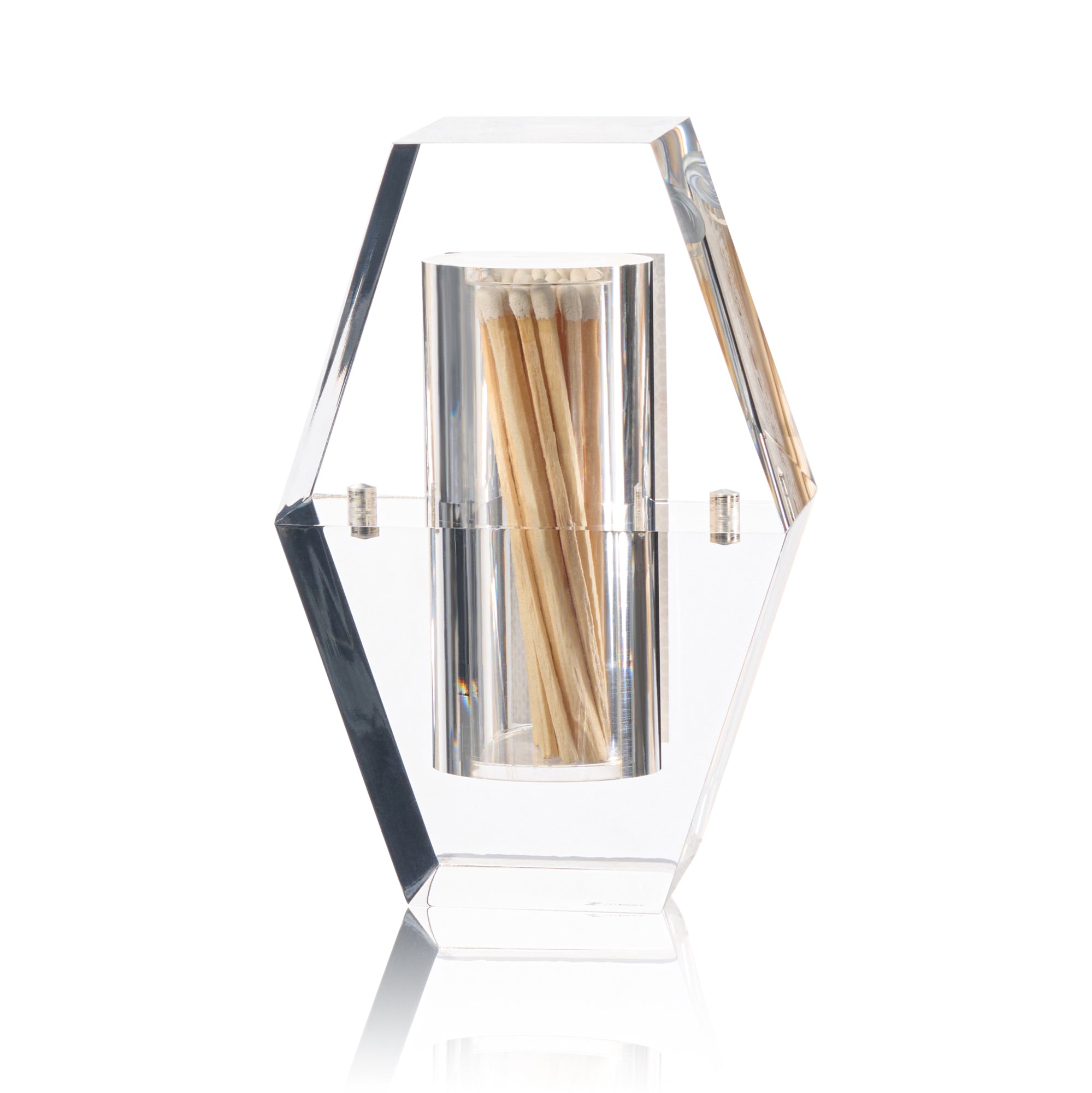 Clear match holder holder with wooden matches on a white background - Zstander
