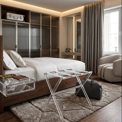 Modern bedroom with bed, nightstands, and a chair -Zstander