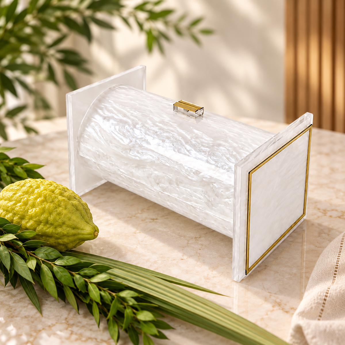A white marble-patterned cylindrical esrog box with gold trim and a small gold clasp, styled on a marble surface with green leaves and a yellow citrus fruit.