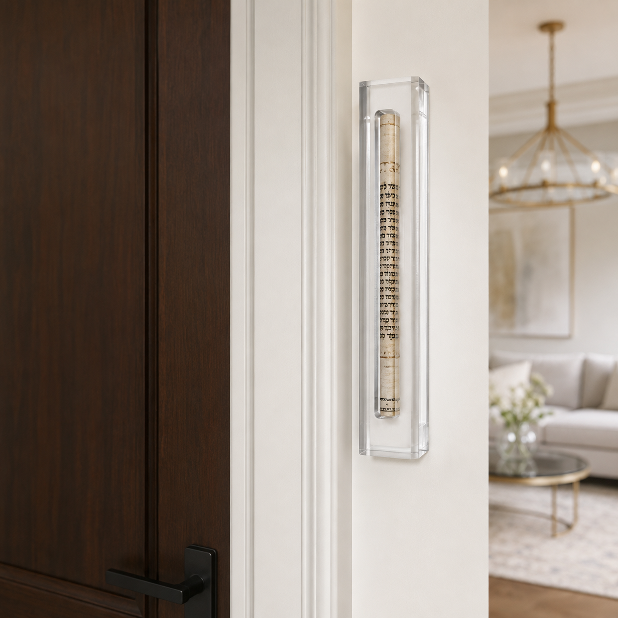 A modern lucite clear mezuzah case with a rolled parchment scroll inside, shown mounted on a white doorframe next to a dark wood door, with a softly blurred living room in the background.