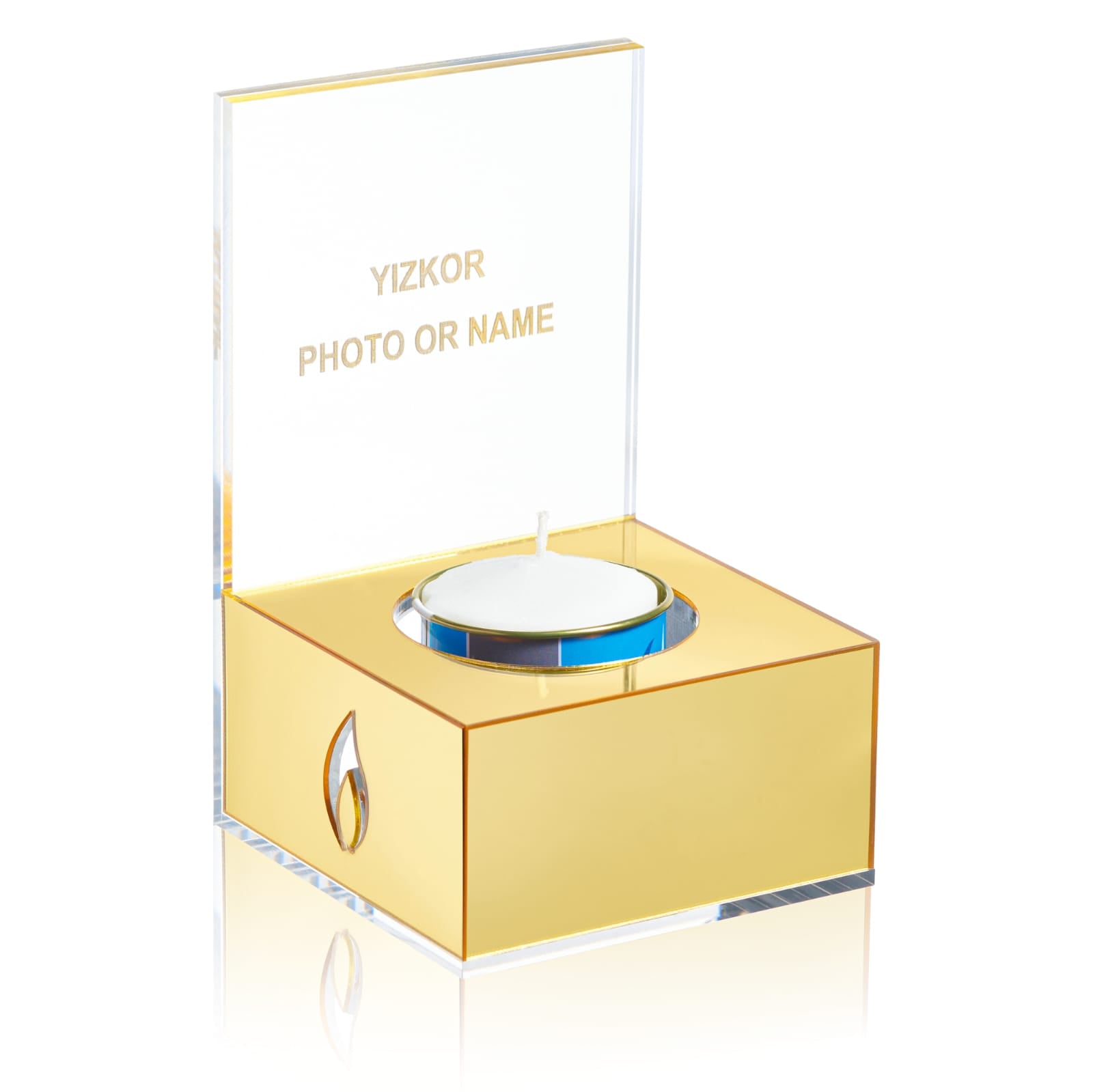 Gold rectangular box with a white candle inside, featuring 'YIZKOR' text on a clear acrylic stand.