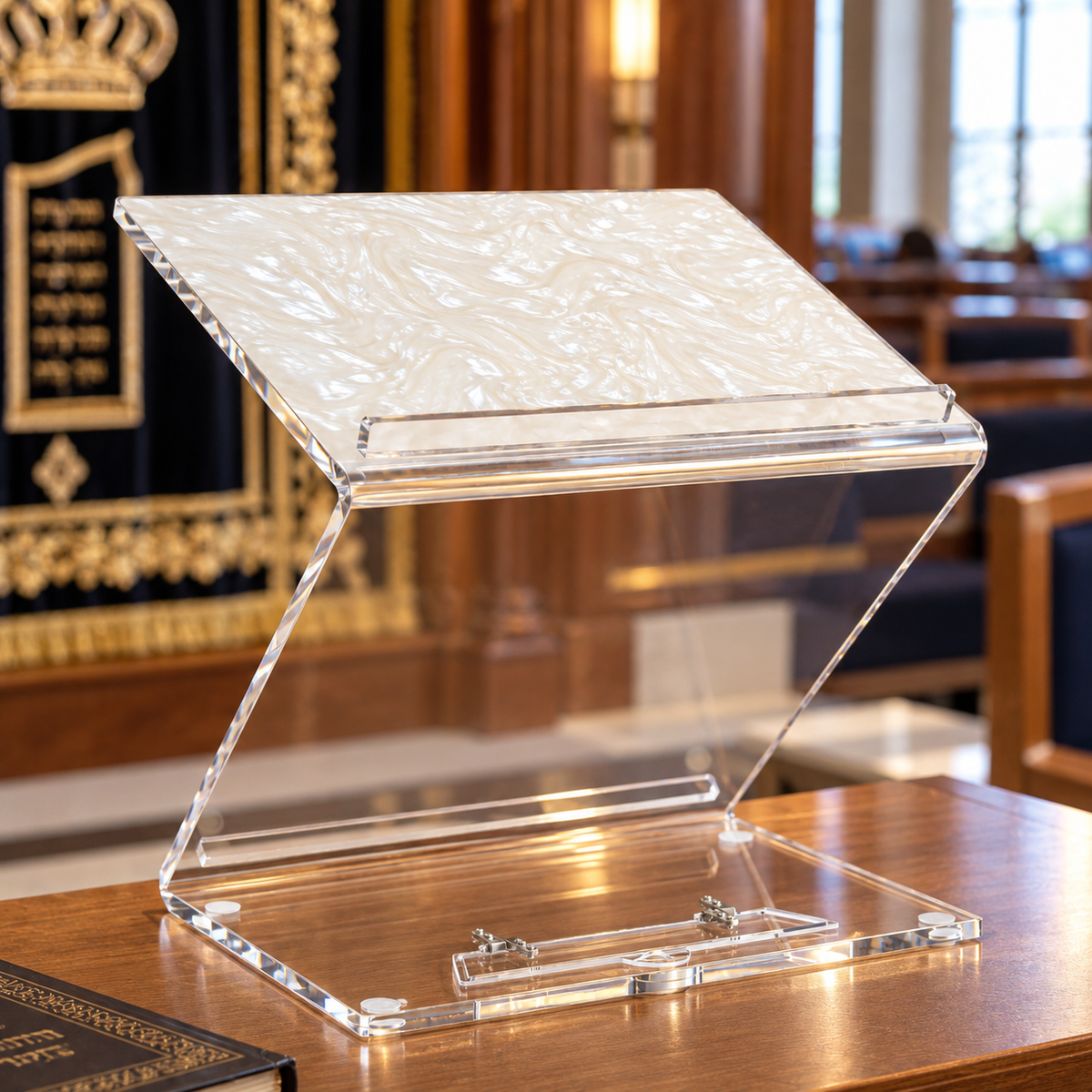 Pearl Marble Top shtender in a shul on the table