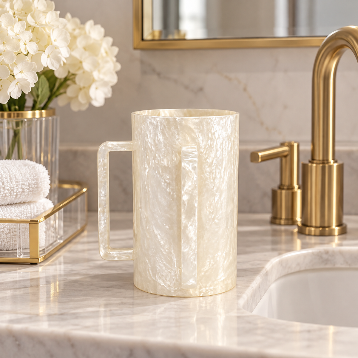 Resin washing cup sitting on a nice bathroom counter