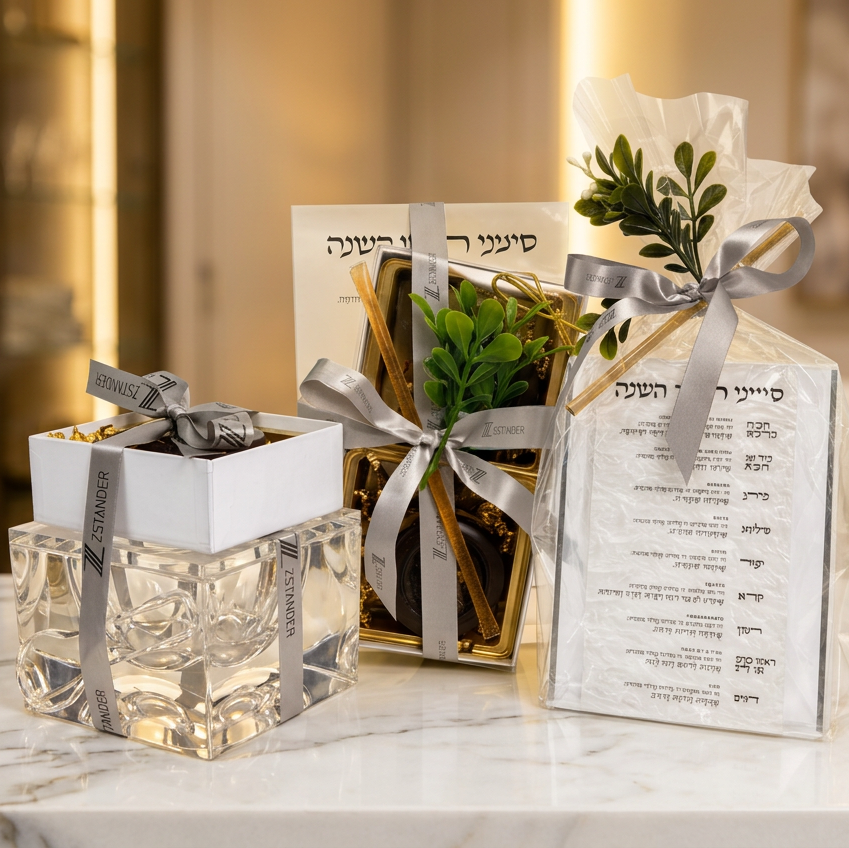 Three elegant gift boxes arranged on a white marble table in a warm, softly blurred indoor setting. The set includes a clear square glass box with a white lid and silver ribbon, a gold-toned box with greenery and a silver ribbon, and a clear bag containing a rosh hashana simanim card wrapped in a silver ribbon.