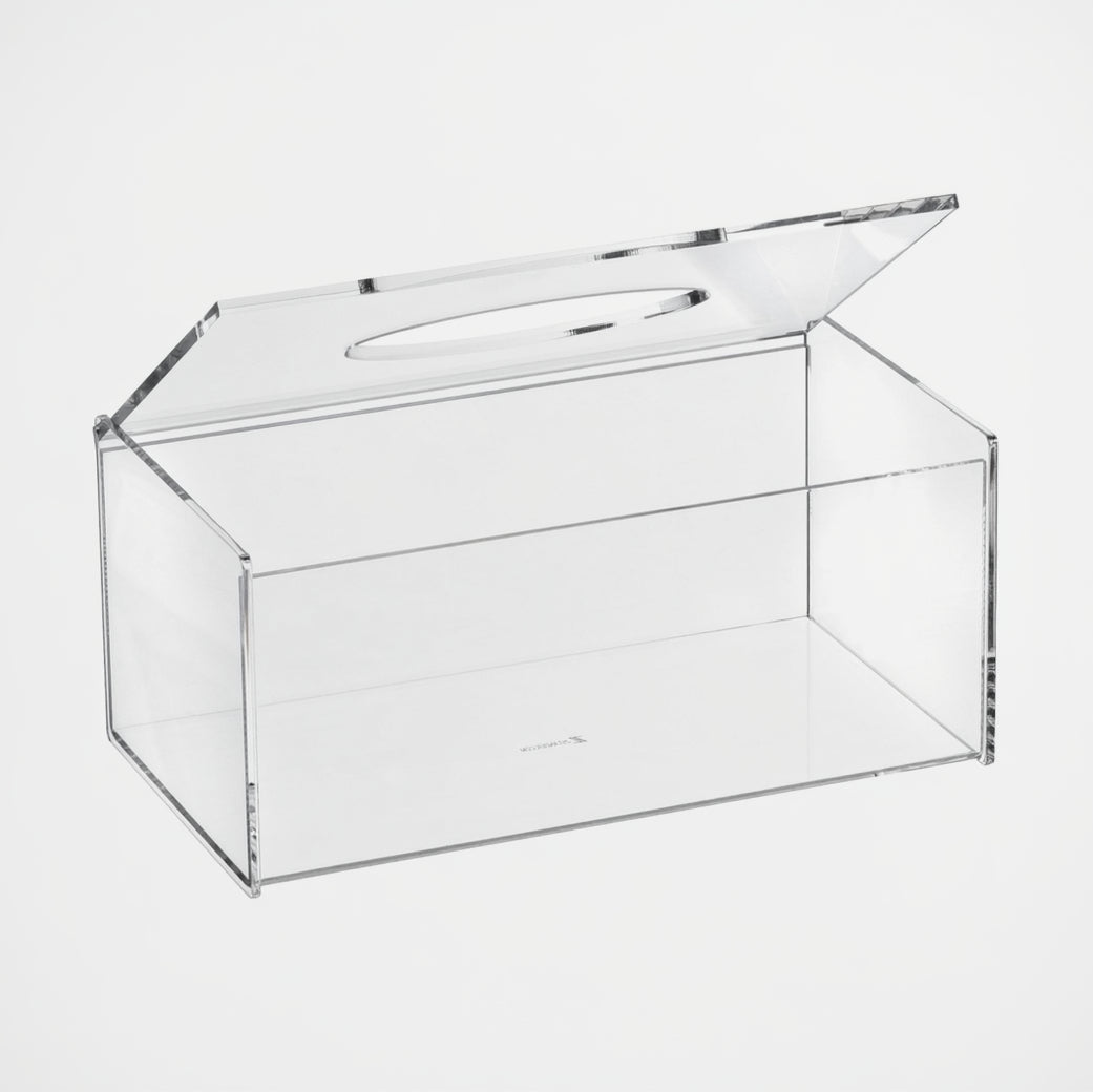 A clear acrylic lucite tissue box on a white background - Zstander