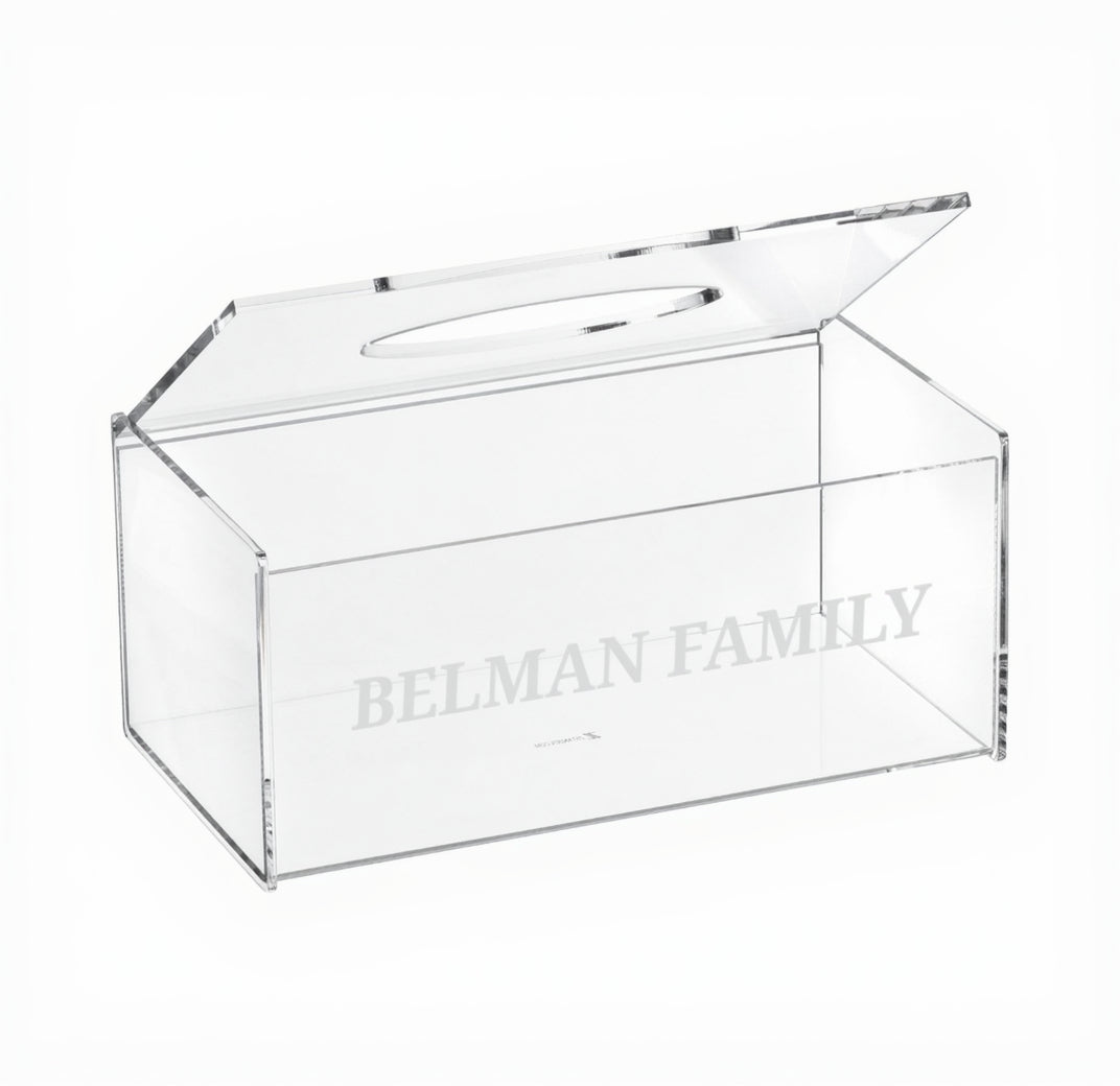 A clear acrylic lucite tissue box with the Belman Family name engraved on it - Zstander