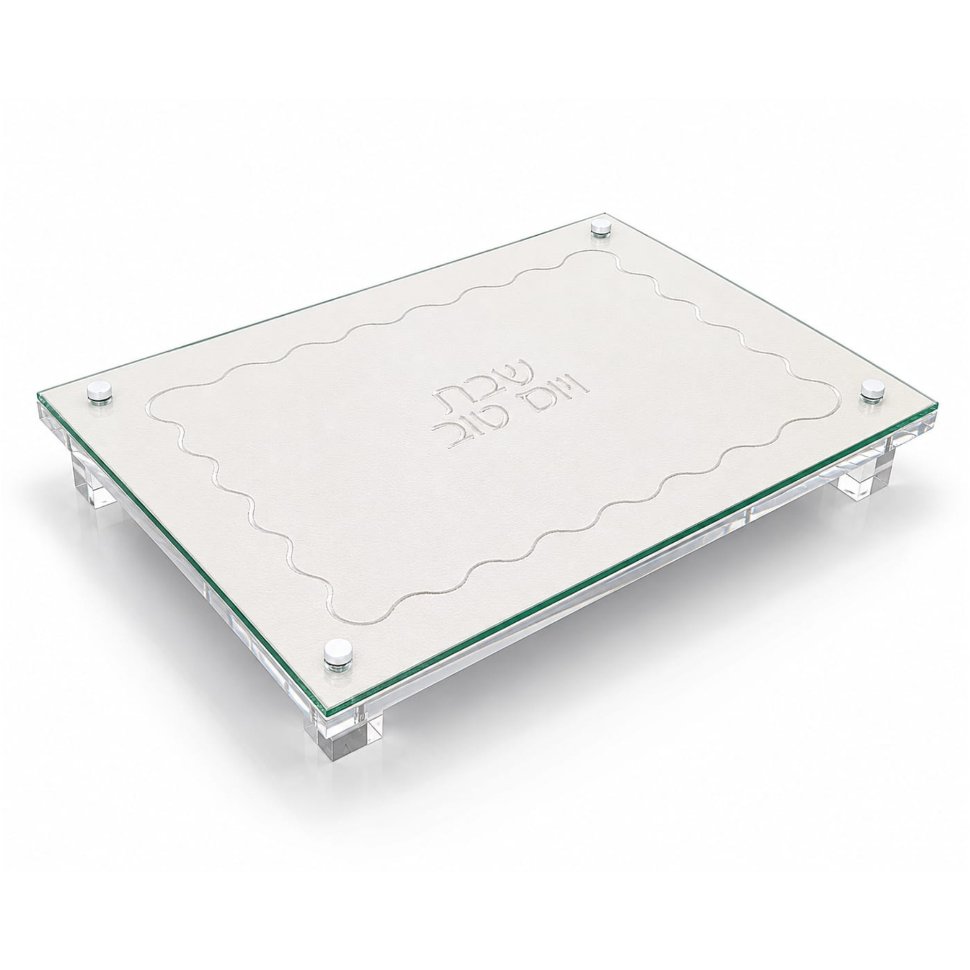 Clear acrylic challah board with scalloped edges and embroidered words on a white background - Zstander