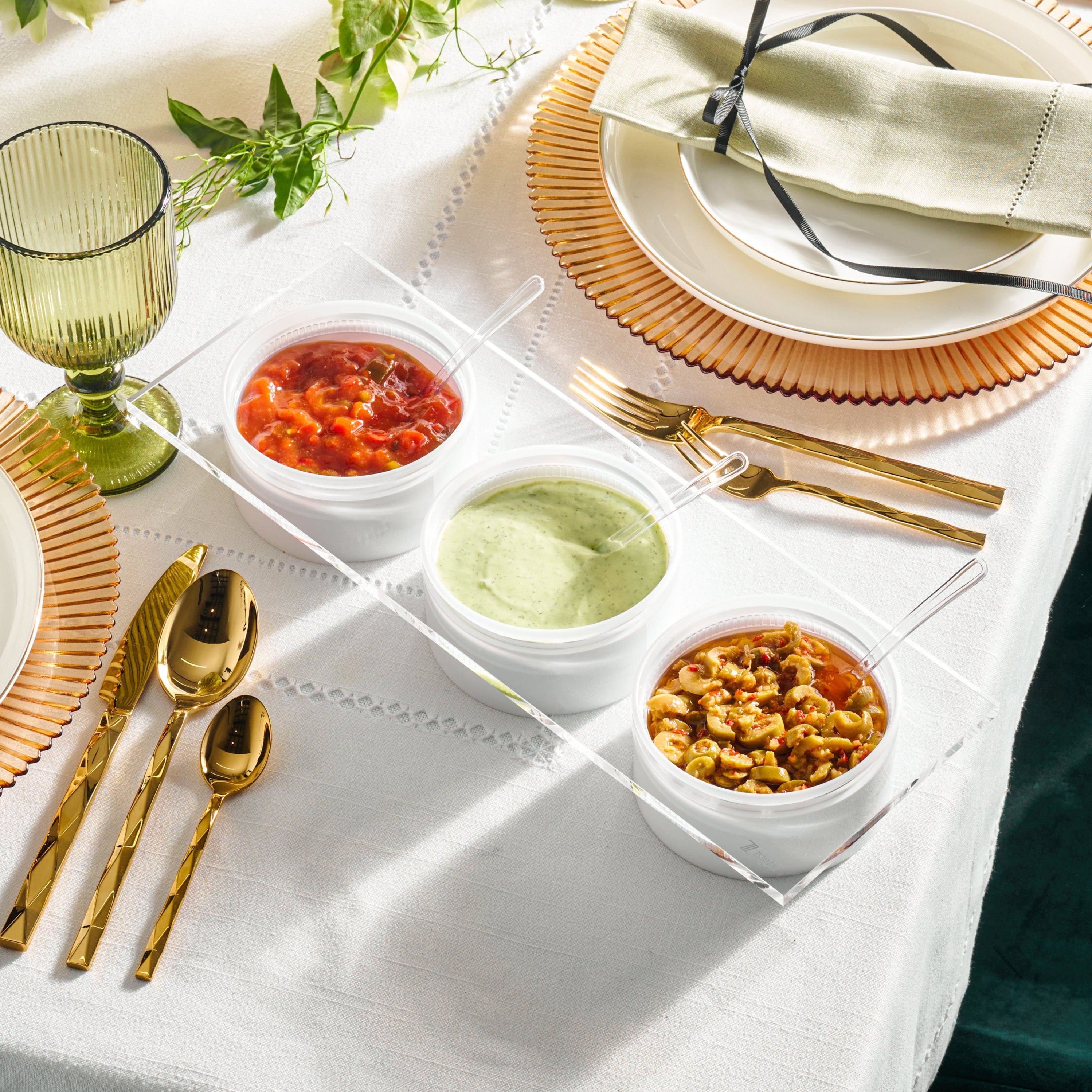 a tray designed to hold 3 dips on a set table - Zstander