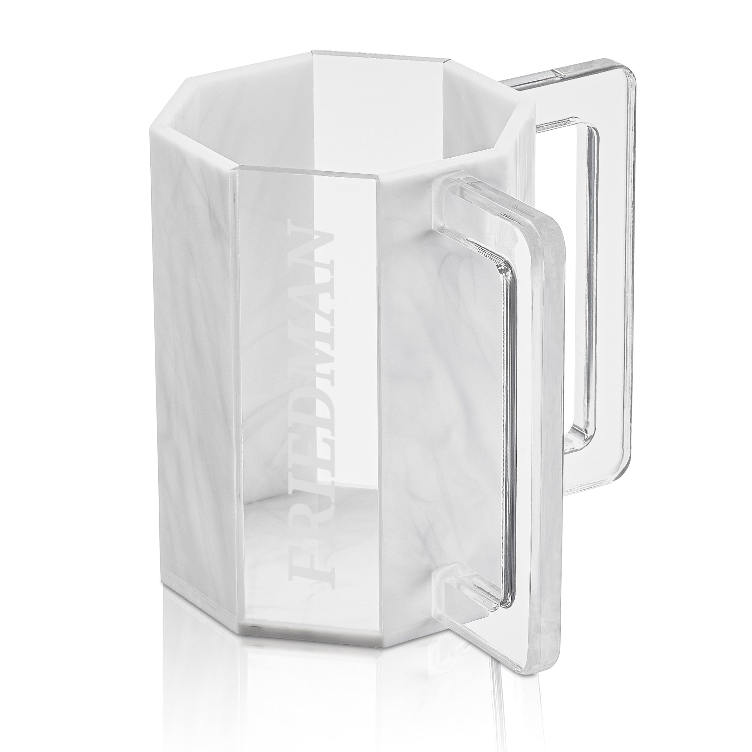 A clear Lucite washing cup with an octagon profile and marble-print design, featuring easy-to-pour handles - Family name Friedman - Zstander