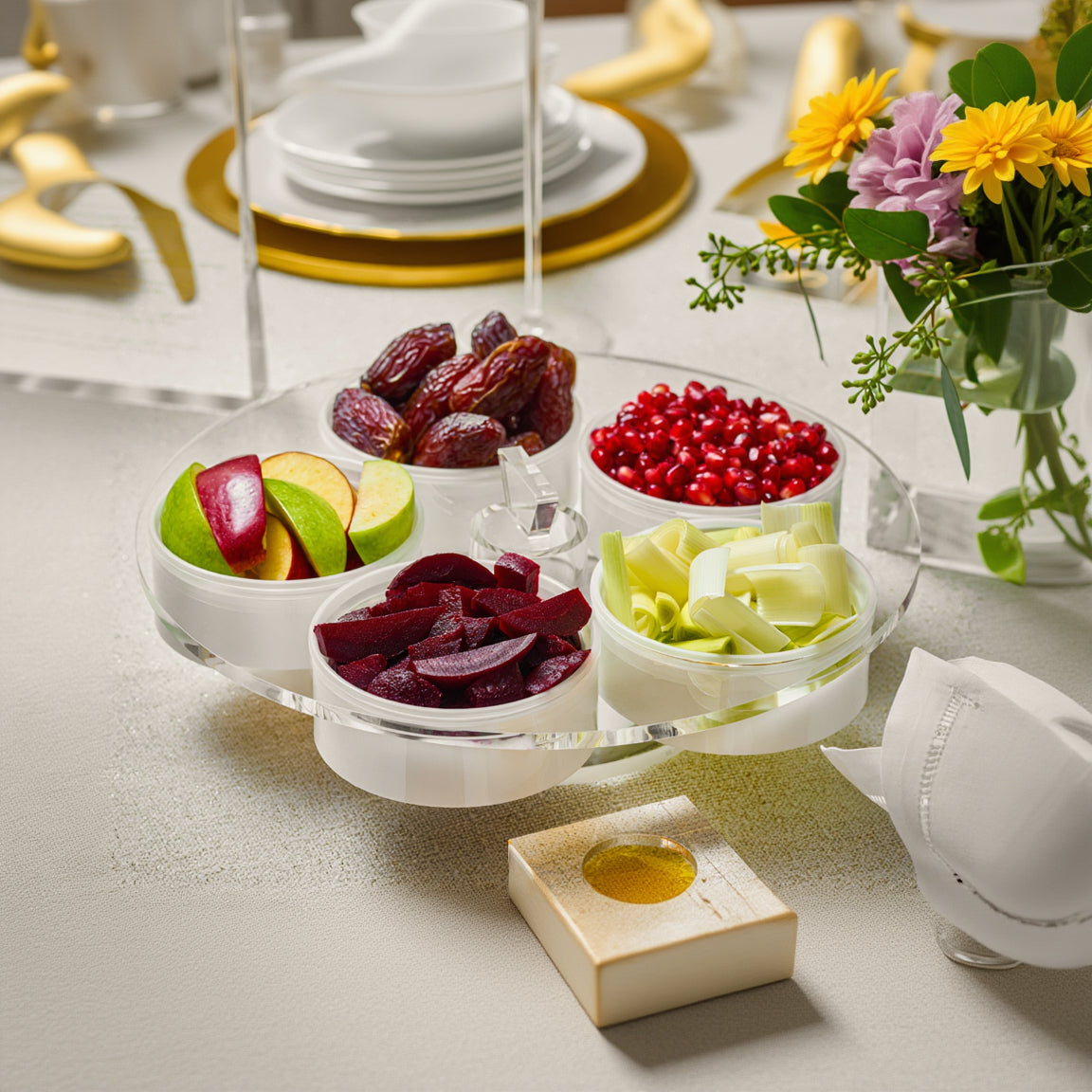 Fruit and vegetable platter with apples, pomegranate, and other items on a table -Zstander