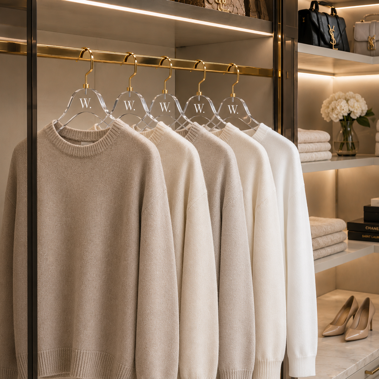Row of beige sweaters on hangers in a stylishly decorated room - Zstander