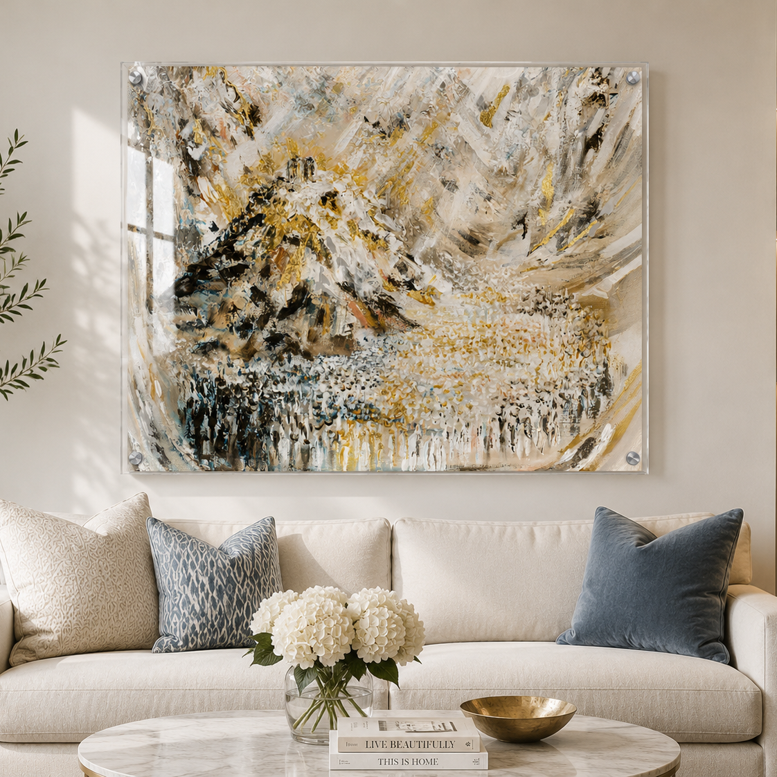 Living room with a beige sofa, abstract painting, and decorative items - Zstander