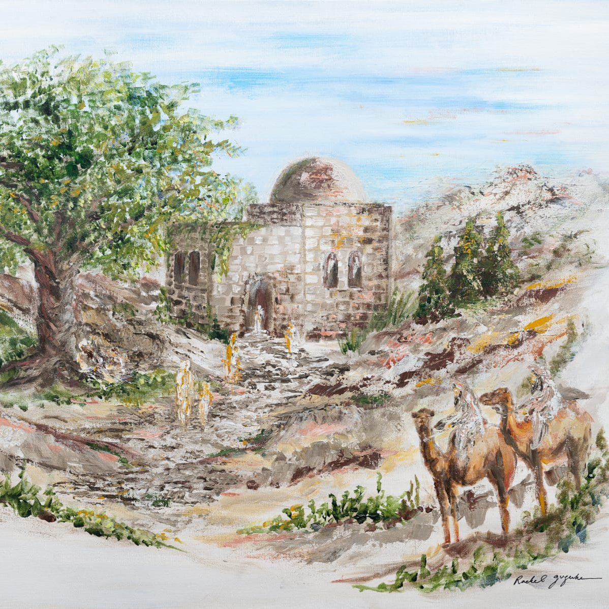 Painting of kever Rochel with a stone building, tree, and camels.