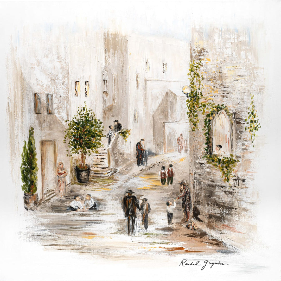 Painting of a street scene with people and buildings - Zstander