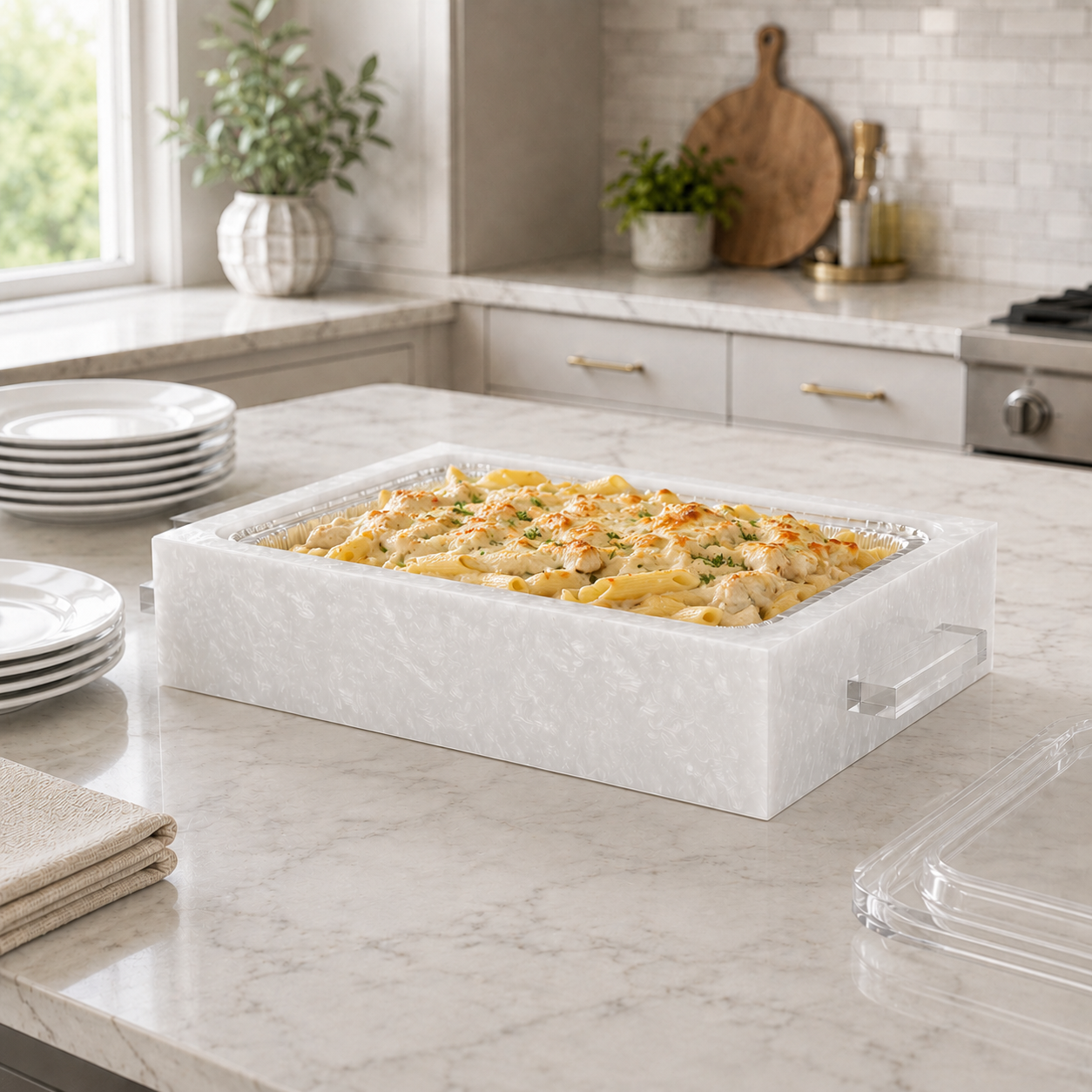 Rectangular dish of pasta casserole on a marble countertop in a kitchen - Zstander