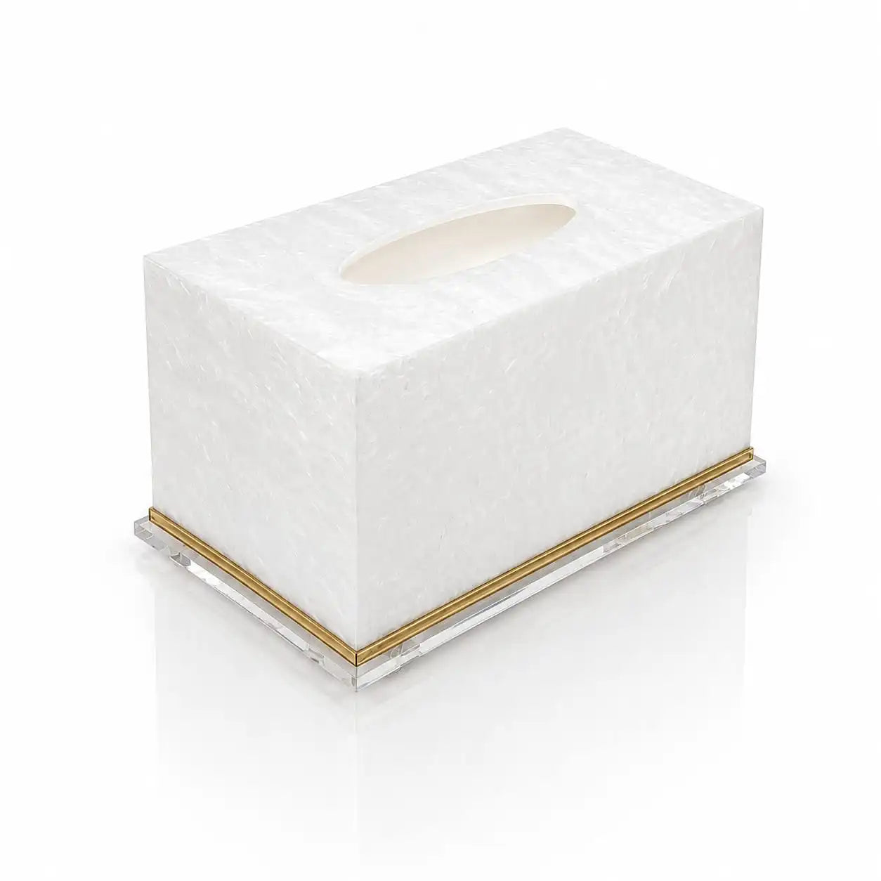 Side view of a white pearl marble tissue box with gold base on a white background - Zstander
