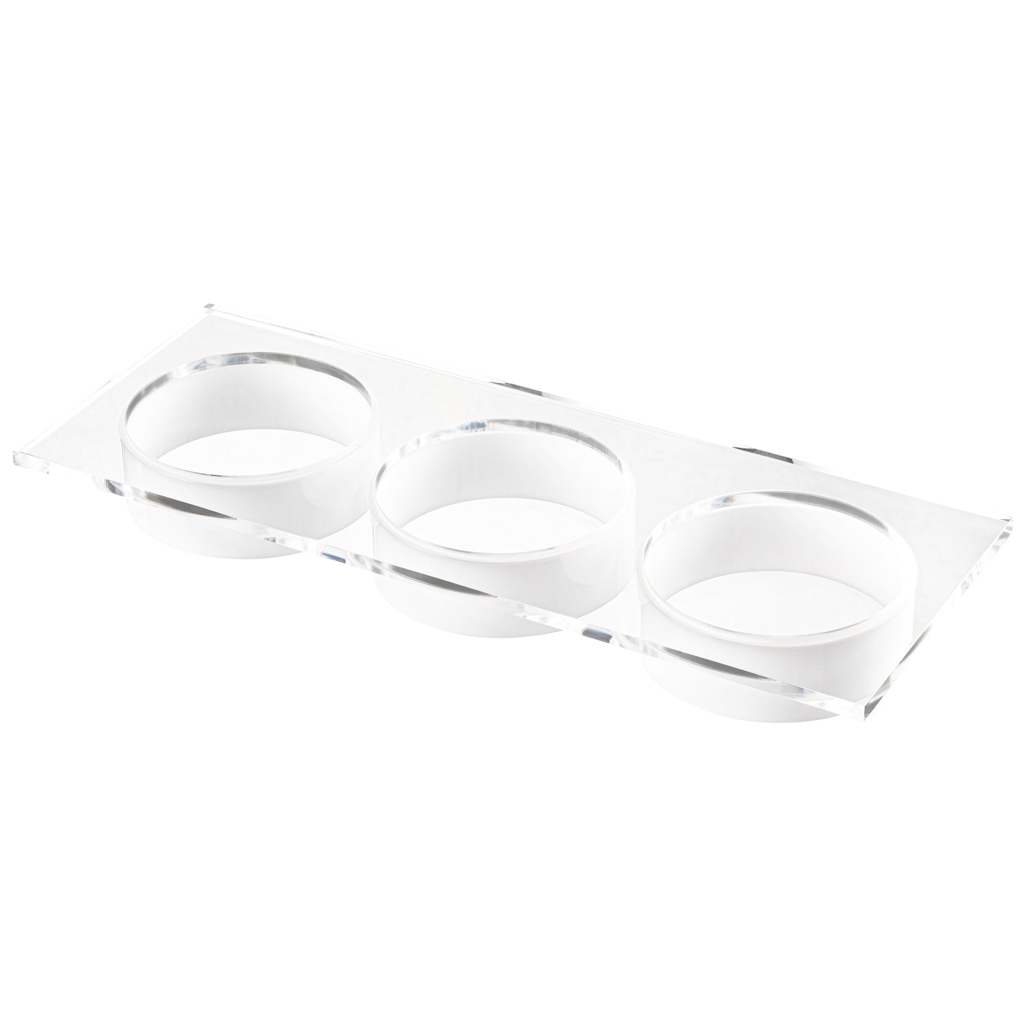 A clear lucite 3-dip tray designed for serving dips, sauces, or condiments - Zstander