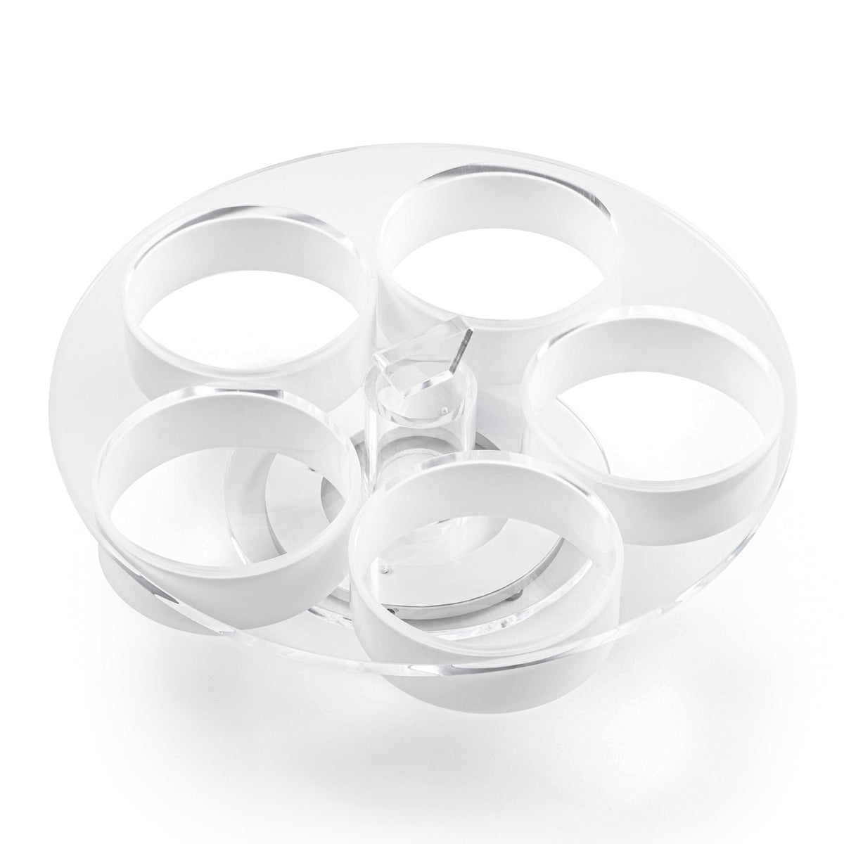 A clear lucite dip tray with a rotating design, including 5 holes for holding round dip containers, and 5 lucite dip spoons - Zstander
