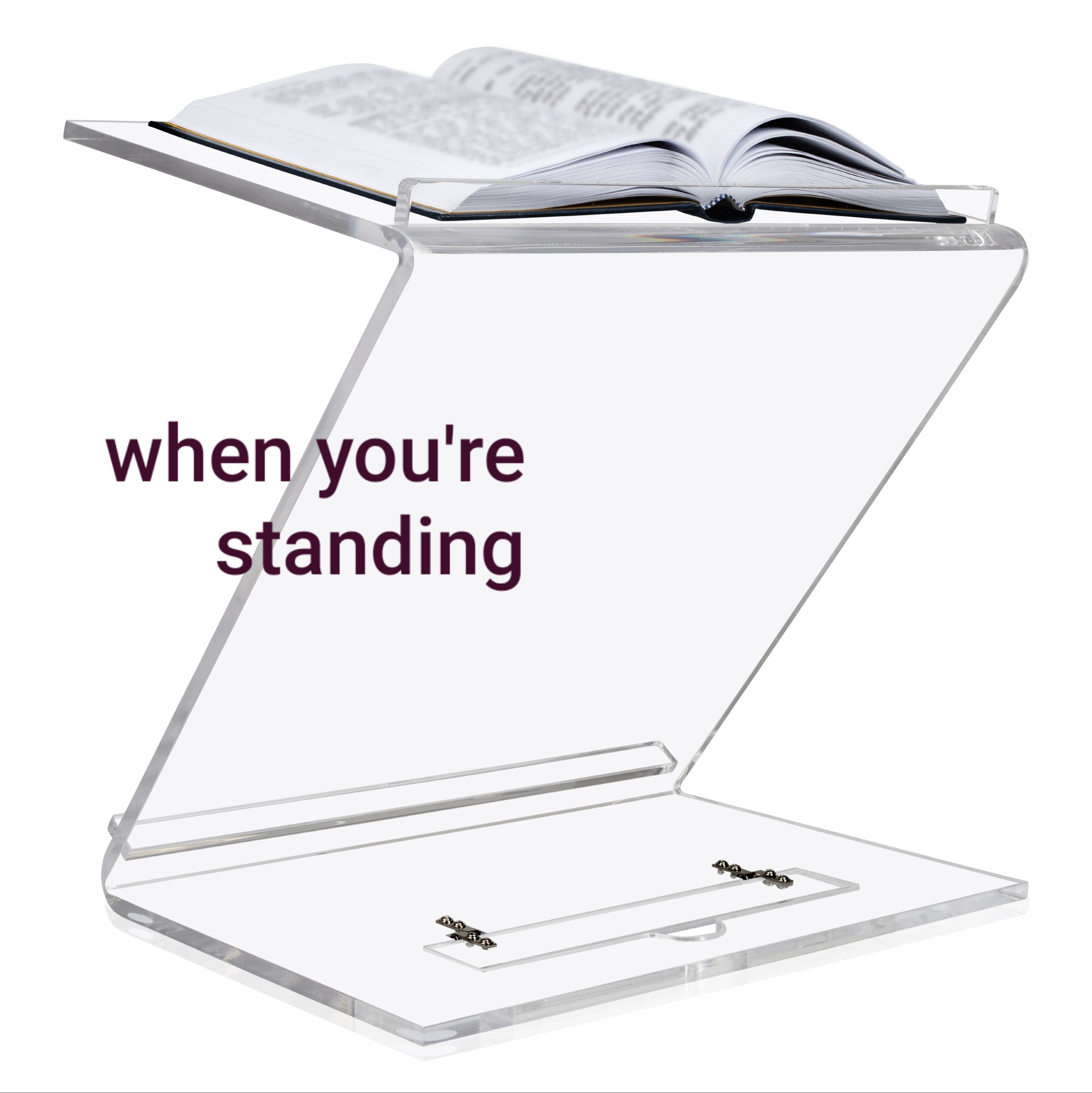 Clear Lucite Shtender with open sefer in standing position on a white background - Zstander