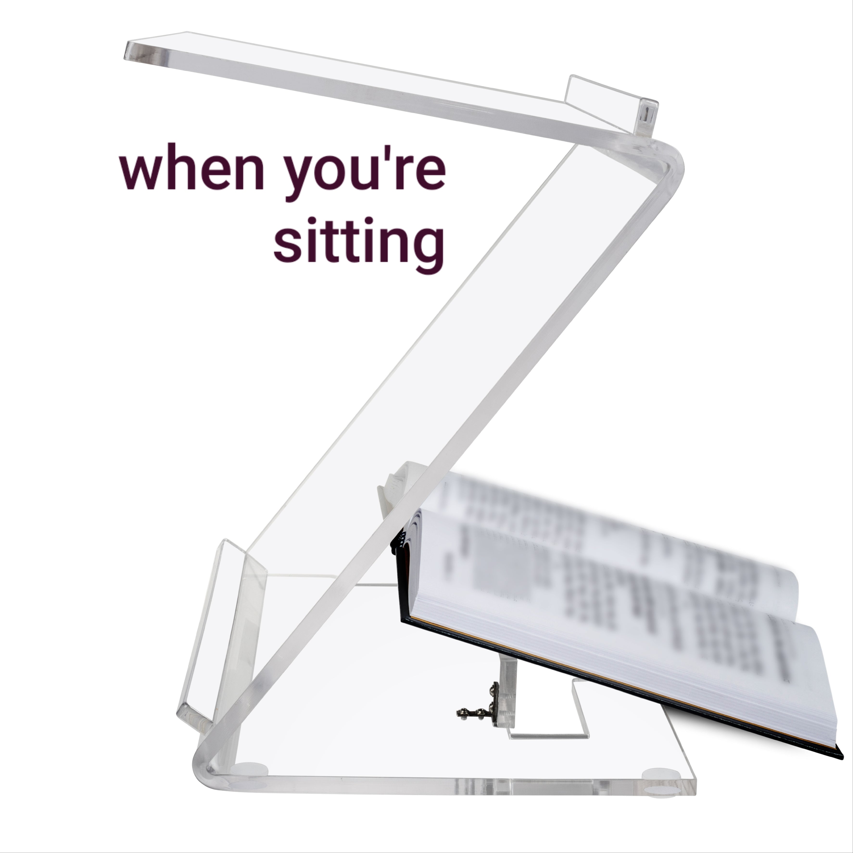 Clear Lucite Shtender with open sefer in sitting position on a white background - Zstander