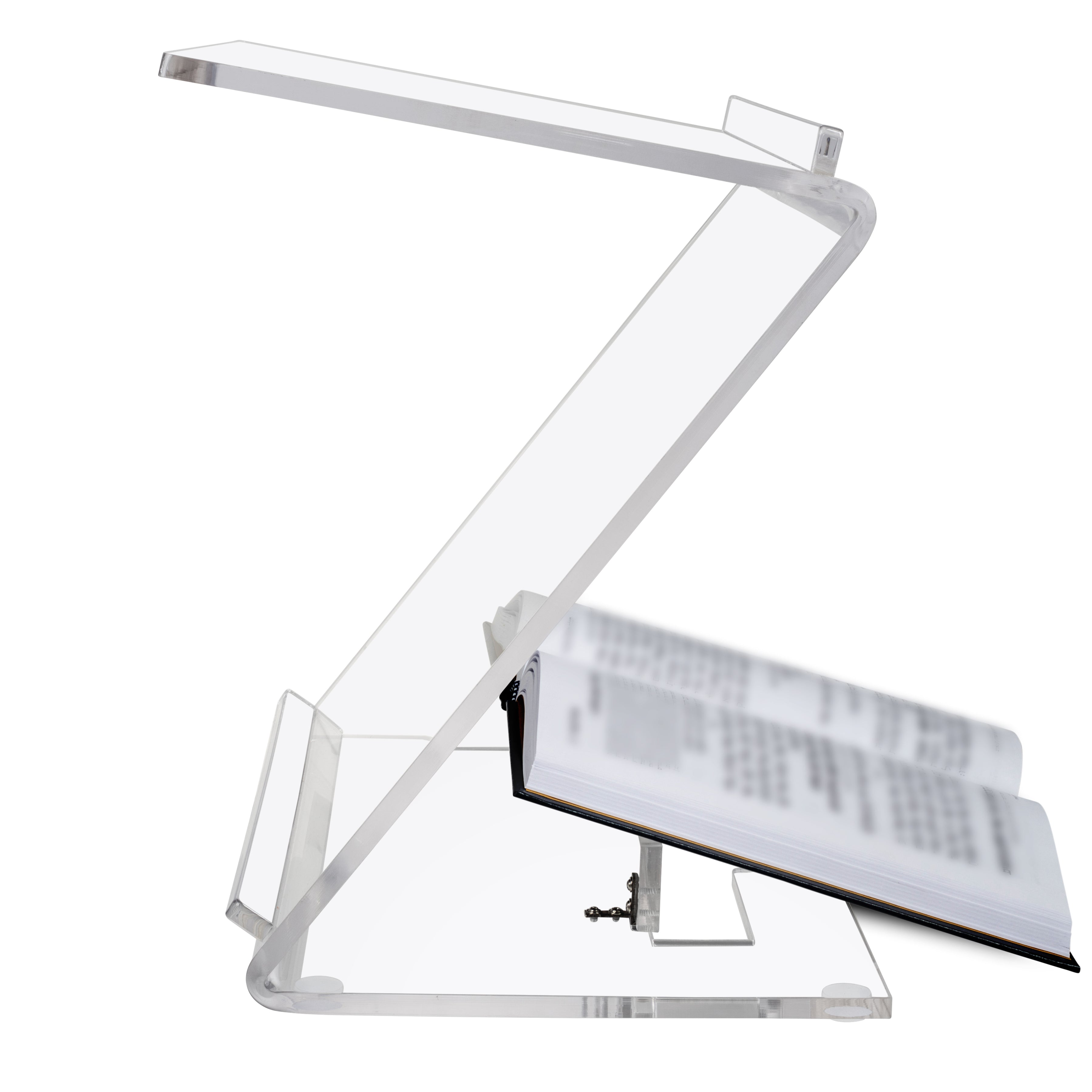 Clear Lucite Shtender with open sefer in standing position on a white background - Zstander