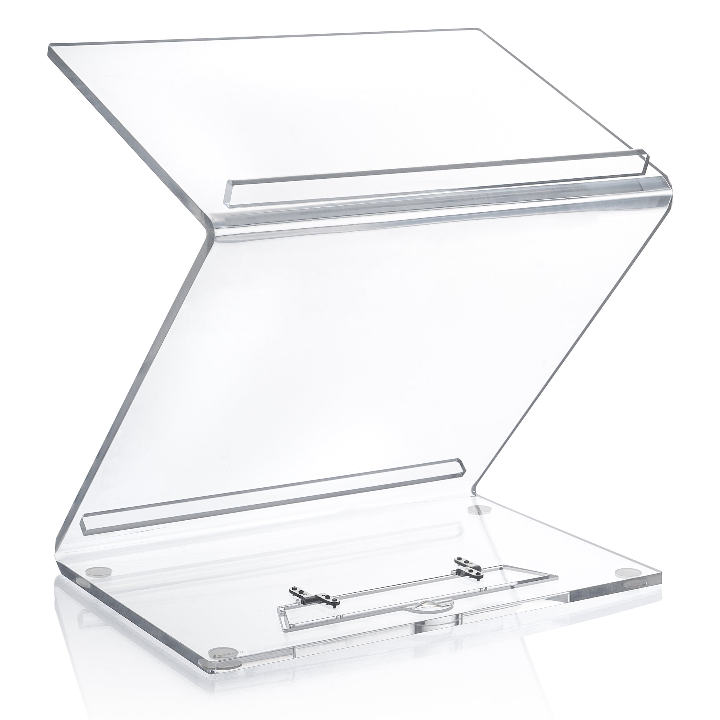 A clear acrylic Shtender, used for standing and sitting, with a Z profile design.