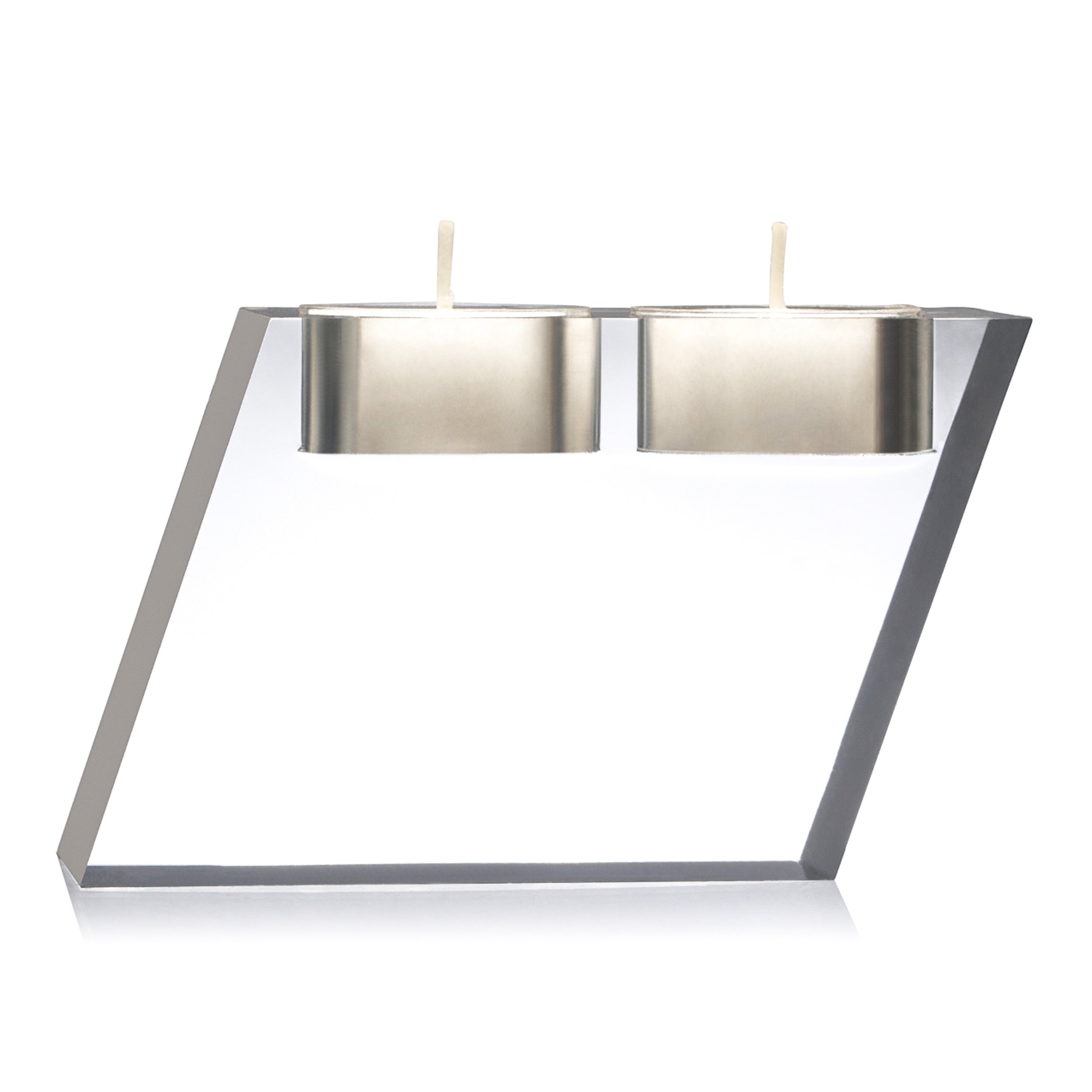 Modern angled lucite tea light holder with minimalist geometric design and dual silver tea lights for elegant tabletop décor - Zstander