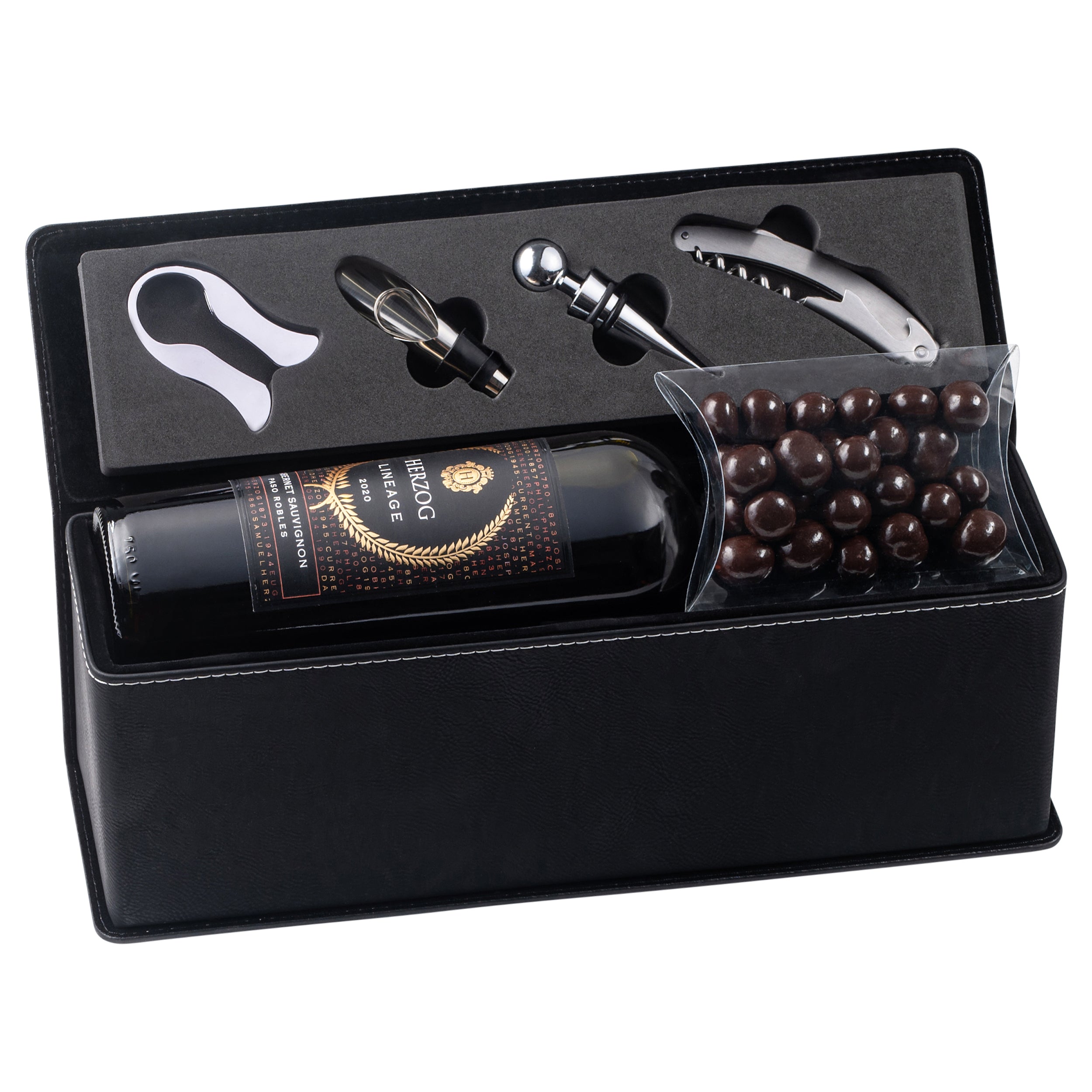 A leatherette wine box set with accessories including a corkscrew, bottle stopper, aerator, and foil cutter displayed inside the box, in a black box on a white background - Zstander
