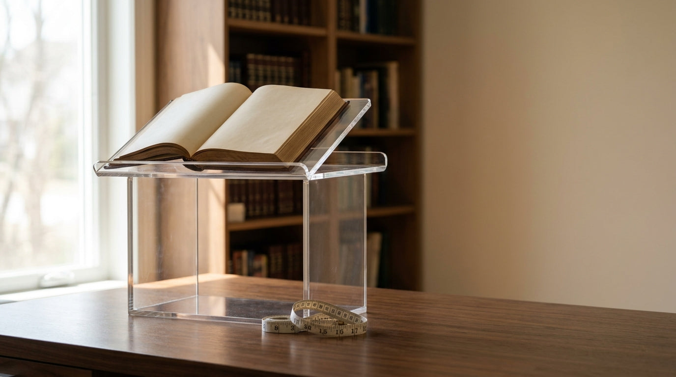 Clear lucite tabletop shtender on a polished walnut desk with a measuring tape showing height markings in a modern Jewish home study