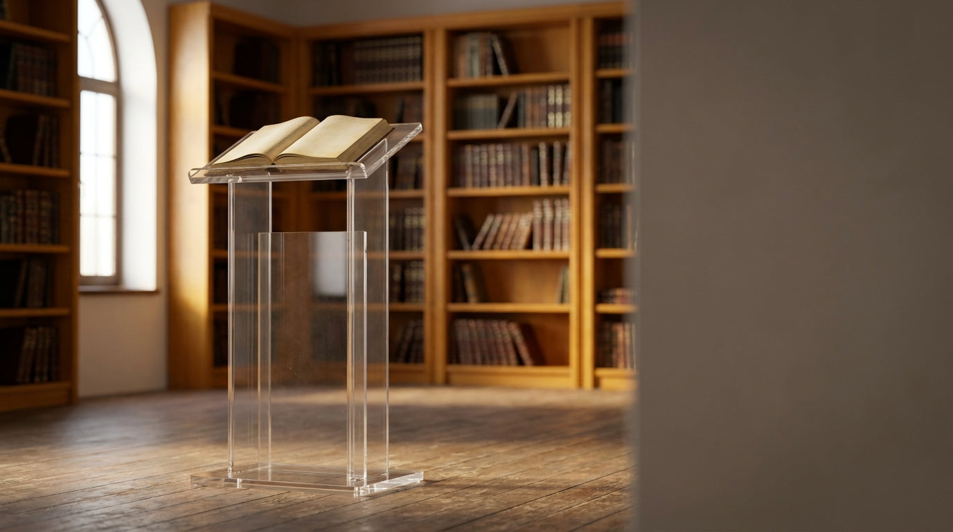 Clear lucite floor-standing shtender with an open siddur in a softly lit beis medrash with warm wooden bookshelves