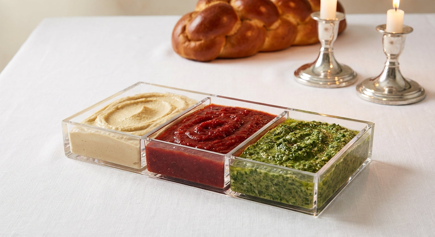 Crystal-clear lucite 3-section dip tray with hummus, matbucha, and herb dip on a Shabbos table with challah and candles