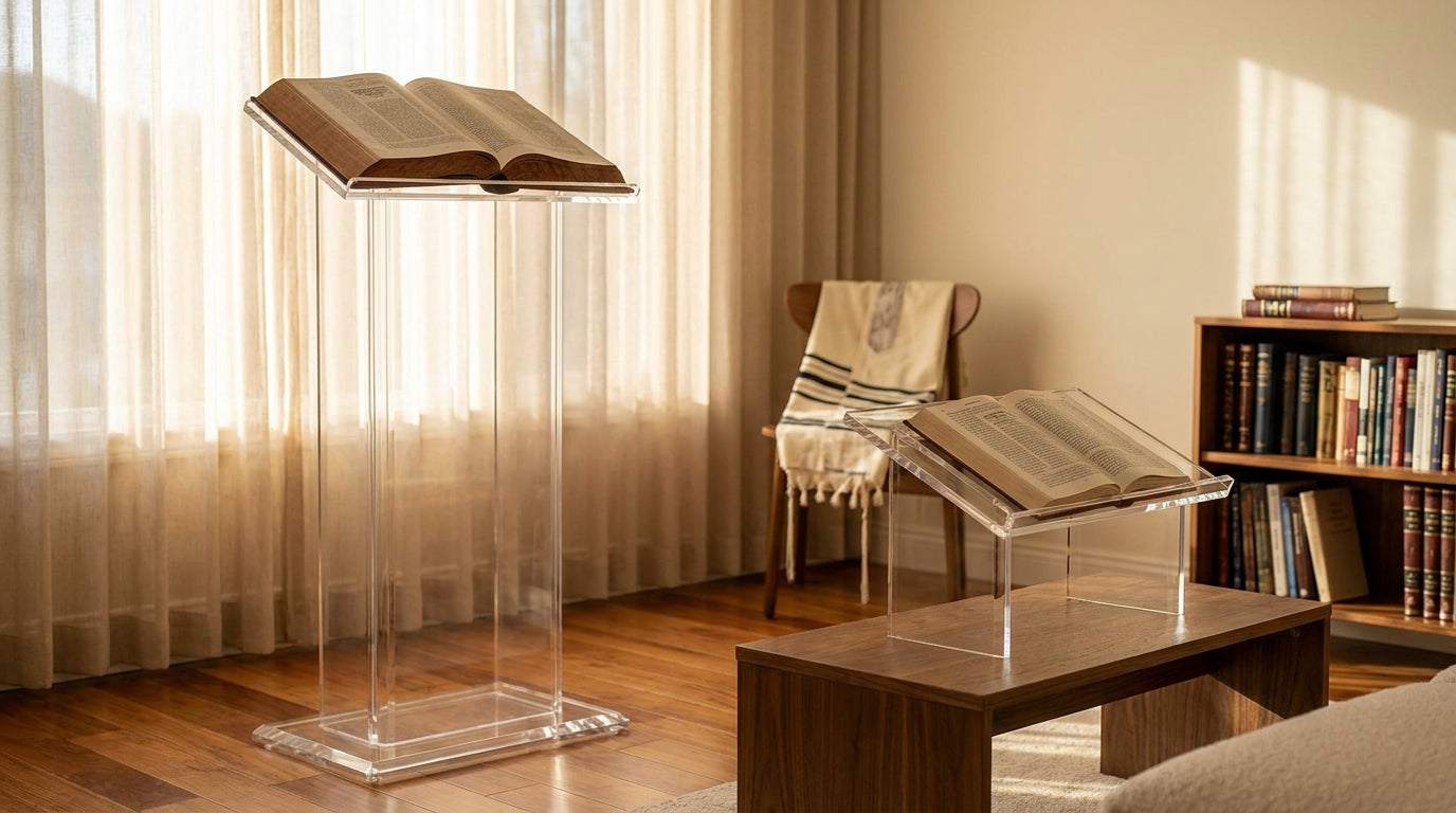 Floor-standing lucite shtender next to a tabletop lucite shtender in a Jewish home learning corner