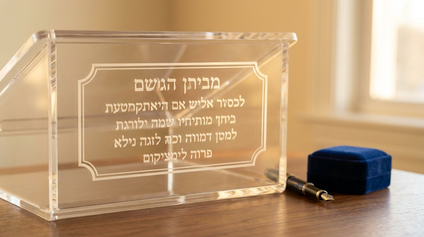 Clear lucite shtender with a laser-engraved Hebrew dedication plaque on the front panel