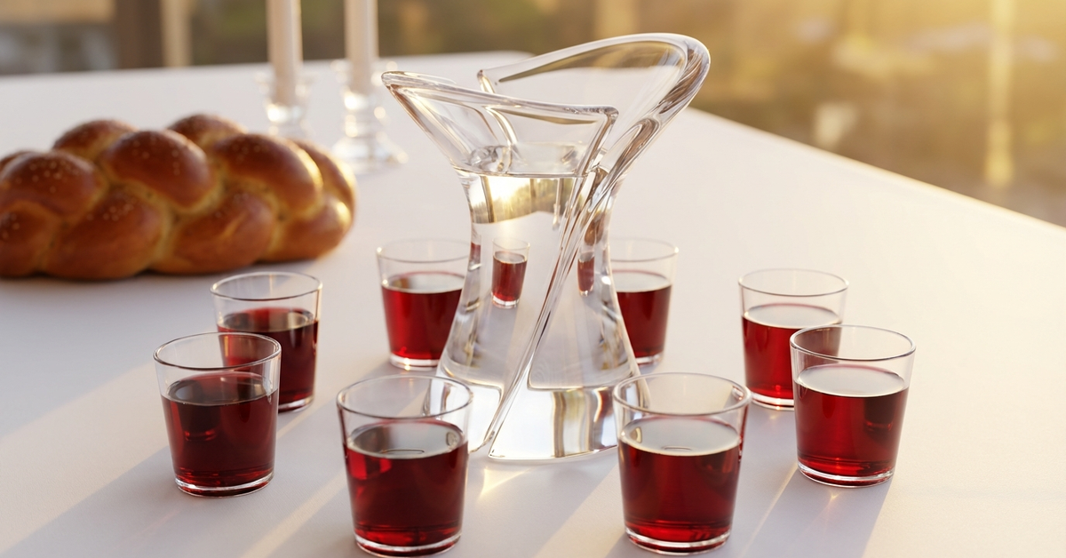 Lucite kiddush fountain with wine cups on Shabbos table