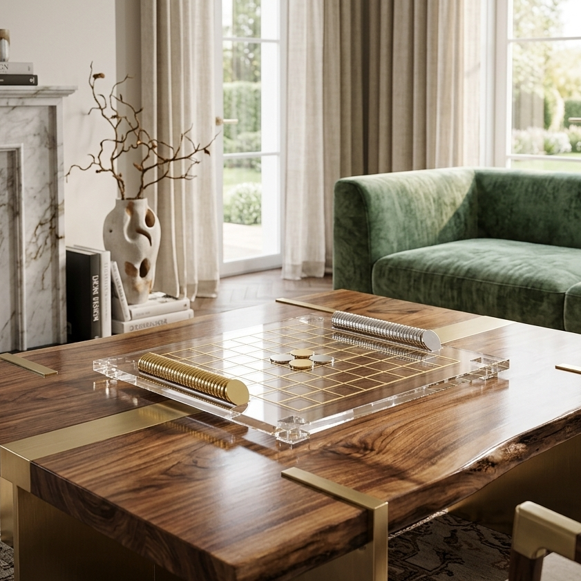Wooden coffee table with a clear center piece in a living room setting - Zstander