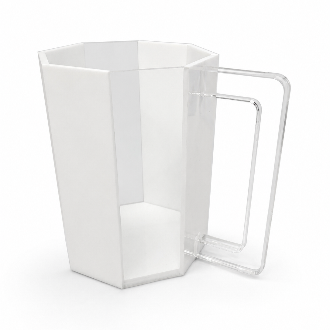 A translucent white hexagonal washing cup with a clear handle, shown on a seamless white background.