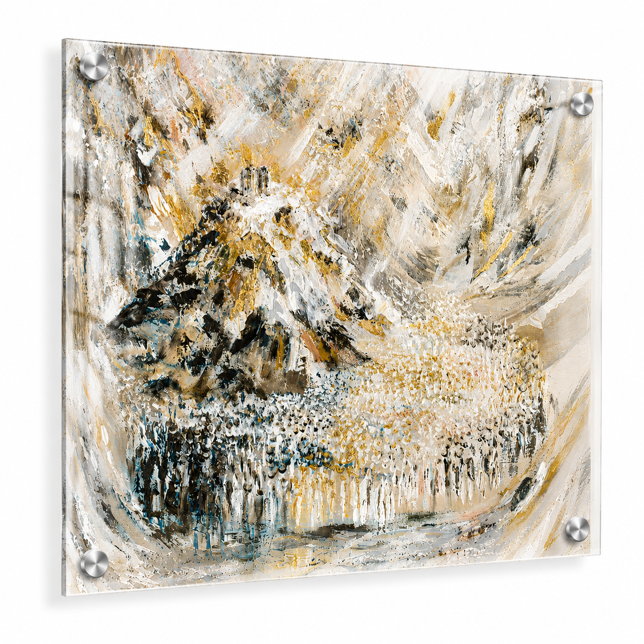 Abstract art piece with gold, black, and white colors on a white background