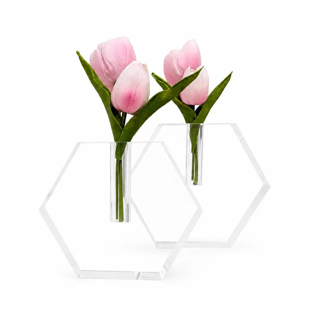 2 pink tulips in clear glass vases on a white background - Zstander