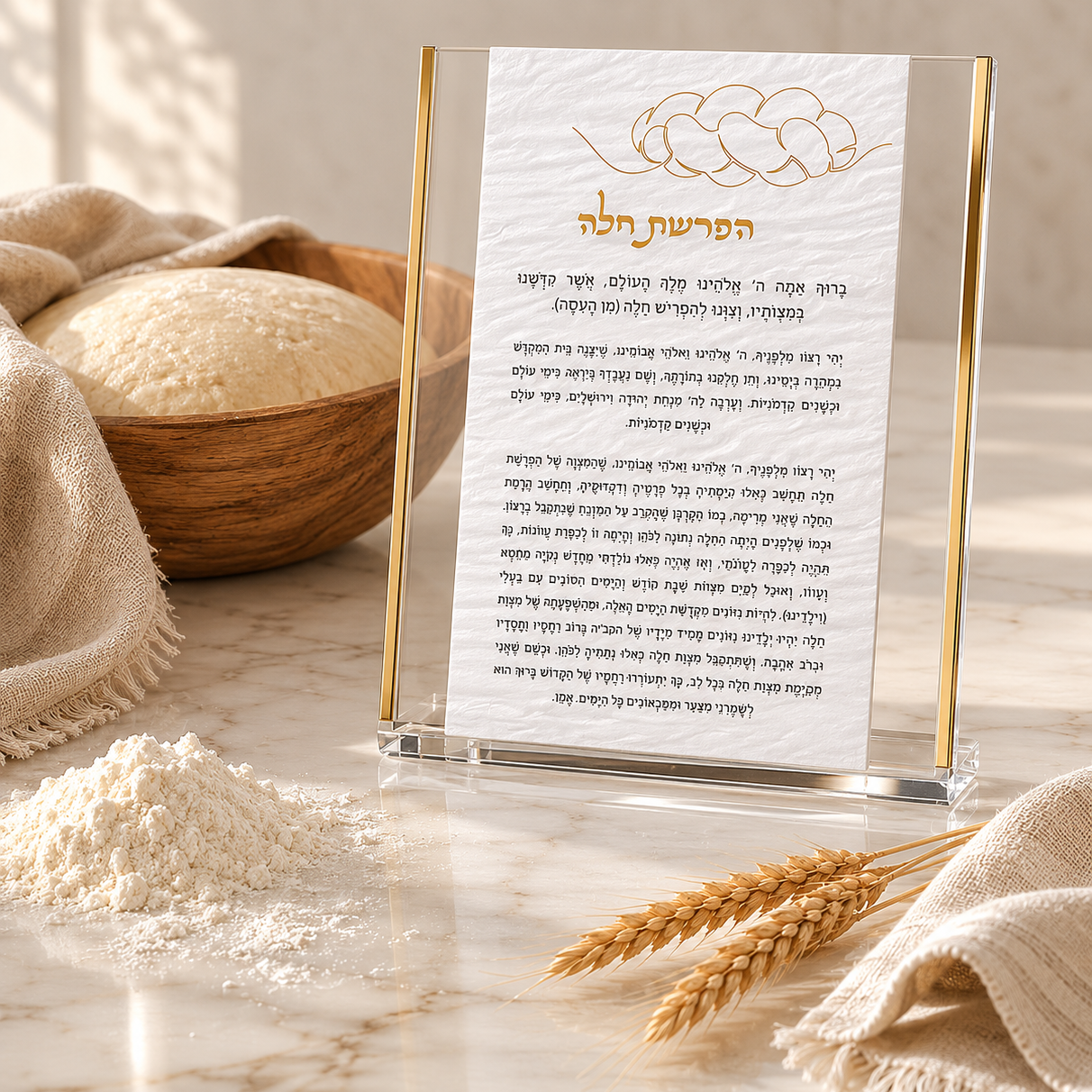 Hafrashas challah Plaque  on a marble surface with bread and flour - Zstander