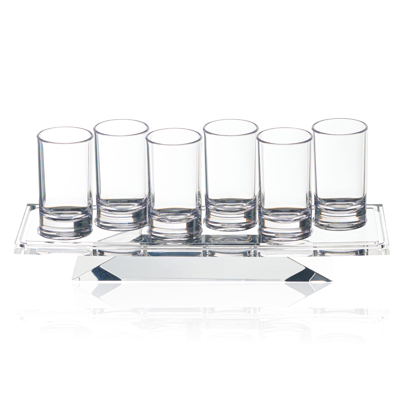 Set of six clear glasses on a matching tray with a white background - Zstander